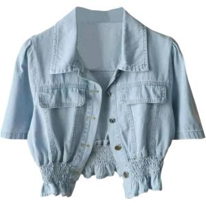 imageOmoone Womens Short Sleeve Denim Shirt Peplum Ruffle Hem Denim Crop Top Jackets Cowgirl OutfitsLightblue