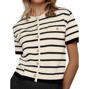 imageOmoone Womens Striped Cardigan Sweater Short Sleeve Lightweight Summer Button Down Cropped Knit TopsApricot