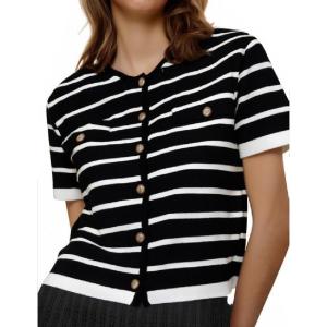 imageOmoone Womens Striped Cardigan Sweater Short Sleeve Lightweight Summer Button Down Cropped Knit TopsBlack