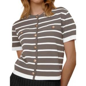 imageOmoone Womens Striped Cardigan Sweater Short Sleeve Lightweight Summer Button Down Cropped Knit TopsCamel