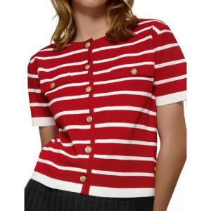 imageOmoone Womens Striped Cardigan Sweater Short Sleeve Lightweight Summer Button Down Cropped Knit TopsRed