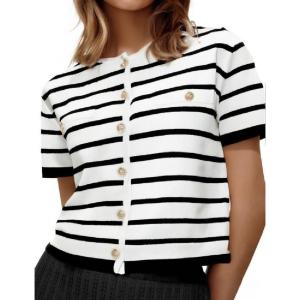 imageOmoone Womens Striped Cardigan Sweater Short Sleeve Lightweight Summer Button Down Cropped Knit TopsWhite