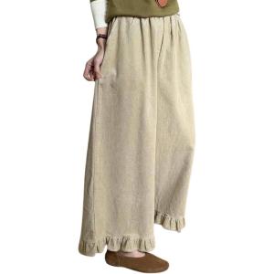 imageOmoone Womens Winter Corduroy Wide Leg Pants Loose Ruffled Hem Elastic Waist Lounge Palazzo Trousers with PocketsKhaki