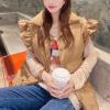 imageOmoone Puffer Vest Women Ruffle Sleeve Button Down Padded Quilted Puffy Jacket Coat OutwearKhaki