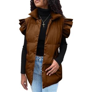 imageOmoone Puffer Vest Women Ruffle Sleeve Button Down Padded Quilted Puffy Jacket Coat OutwearBrown