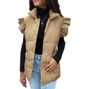 imageOmoone Puffer Vest Women Ruffle Sleeve Button Down Padded Quilted Puffy Jacket Coat OutwearKhaki