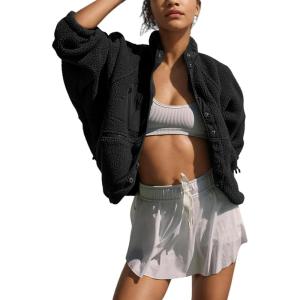 imageOmoone Womens Cropped Fleece Jacket Faux Fur Sherpa Coat Jackets Winter OutwearBlack