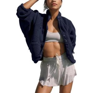 imageOmoone Womens Cropped Fleece Jacket Faux Fur Sherpa Coat Jackets Winter OutwearNavy Blue