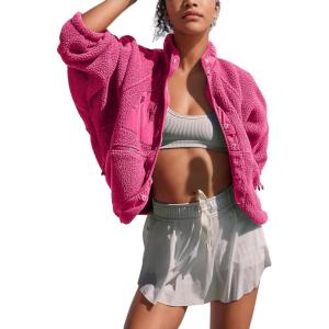 imageOmoone Womens Cropped Fleece Jacket Faux Fur Sherpa Coat Jackets Winter OutwearRose Red