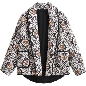 imageOmoone Womens Quilted Jacket Cardigan Lightweight Floral Print Open Front Padded Puffer JacketsCoffee