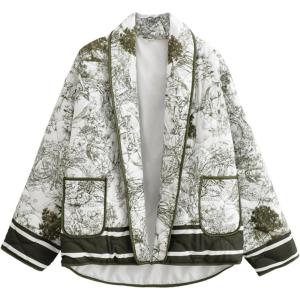 imageOmoone Womens Quilted Jacket Cardigan Lightweight Floral Print Open Front Padded Puffer JacketsDarkgreen