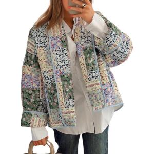 imageOmoone Womens Quilted Jacket Cardigan Lightweight Floral Print Open Front Padded Puffer JacketsGreen