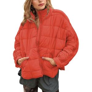 imageOmoone Womens Quilted Puffer Jacket Zip Up Oversized Lightweight Padded Down Coat OuterwearOrange Red