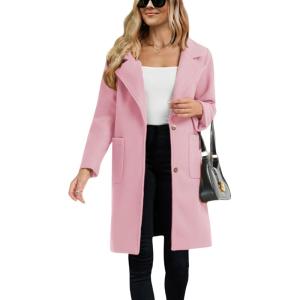 imageOmoone Womens Winter Wool Blend Coat Notch Lapel Mid Long Single Breasted Pea Coat Jacket OutwearPink