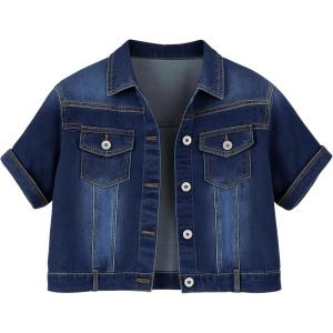 imageOmoone Womens Summer Short Sleeve Crop Denim Trucker Jacket Jean Coat TopsDenim Blue