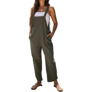 imageOmoone Women Sleeveless Cotton Straps Baggy Jumpsuit Overalls Casual Summer Bib Rompers Pockets 3124GreenM