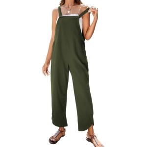 imageOmoone Women Sleeveless Straps Baggy Jumpsuit Overalls Casual Summer Bib Rompers PocketsGreen