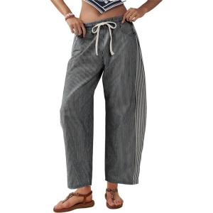 imageOmoone Womens Barrel Leg Sweatpant Striped High Waist Drawstring Baggy Denim Pants Casual Jeans Trousers with PocketsBlack