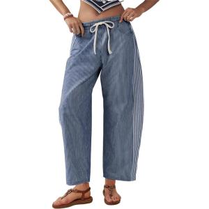 imageOmoone Womens Barrel Leg Sweatpant Striped High Waist Drawstring Baggy Denim Pants Casual Jeans Trousers with PocketsDarkblue