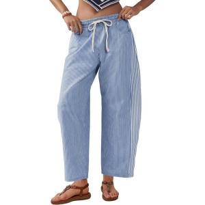 imageOmoone Womens Barrel Leg Sweatpant Striped High Waist Drawstring Baggy Denim Pants Casual Jeans Trousers with PocketsLightblue