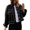 imageOmoone Womens Long Sleeve Rivet Studded Denim Jacket Casual Washed Pearl Short Jean CoatBlack