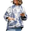 imageOmoone Womens Quilted Jacket Cardigan Lightweight Floral Print Open Front Padded Puffer JacketsBlue