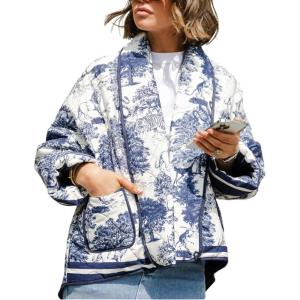 imageOmoone Womens Quilted Jacket Cardigan Lightweight Floral Print Open Front Padded Puffer JacketsBlue