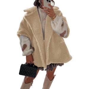 imageOmoone Teddy Fuzzy Fleece Coats for Women 2025 Oversized Cap Sleeve Faux Fur Winter Sherpa Vest Jacket with PocketsBeige
