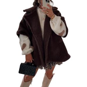 imageOmoone Teddy Fuzzy Fleece Coats for Women 2025 Oversized Cap Sleeve Faux Fur Winter Sherpa Vest Jacket with PocketsBrown