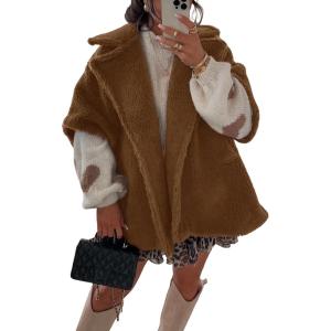 imageOmoone Teddy Fuzzy Fleece Coats for Women 2025 Oversized Cap Sleeve Faux Fur Winter Sherpa Vest Jacket with PocketsCaramel