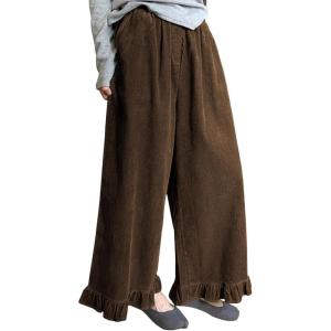 imageOmoone Womens Corduroy Pants Wide Leg Ruffled Hem Elastic Waist Lounge Cord Pants with PocketsBrown