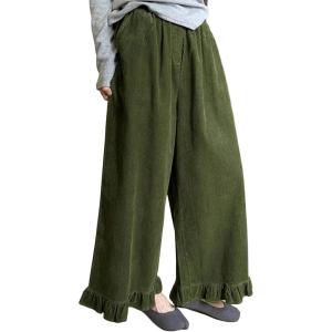 imageOmoone Womens Corduroy Pants Wide Leg Ruffled Hem Elastic Waist Lounge Cord Pants with PocketsDark Green