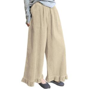 imageOmoone Womens Corduroy Pants Wide Leg Ruffled Hem Elastic Waist Lounge Cord Pants with PocketsKhaki