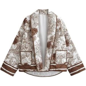 imageOmoone Womens Quilted Jacket Cardigan Lightweight Floral Print Open Front Padded Puffer JacketsBrown