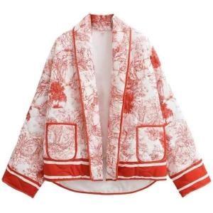 imageOmoone Womens Quilted Jacket Cardigan Lightweight Floral Print Open Front Padded Puffer JacketsRed
