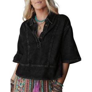 imageOmoone Denim Top for Women Oversized Cropped 34 Sleeve Boho Casual Collared Denim Jean Blouses Shirt Pullover TopsBlack