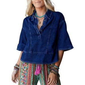 imageOmoone Denim Top for Women Oversized Cropped 34 Sleeve Boho Casual Collared Denim Jean Blouses Shirt Pullover TopsDarkblue