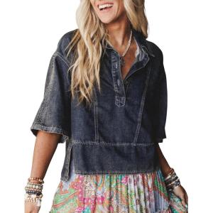 imageOmoone Denim Top for Women Oversized Cropped 34 Sleeve Boho Casual Collared Denim Jean Blouses Shirt Pullover TopsGrey