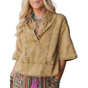 imageOmoone Denim Top for Women Oversized Cropped 34 Sleeve Boho Casual Collared Denim Jean Blouses Shirt Pullover TopsKhaki