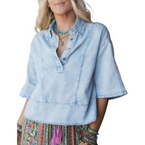 imageOmoone Denim Top for Women Oversized Cropped 34 Sleeve Boho Casual Collared Denim Jean Blouses Shirt Pullover TopsLightblue