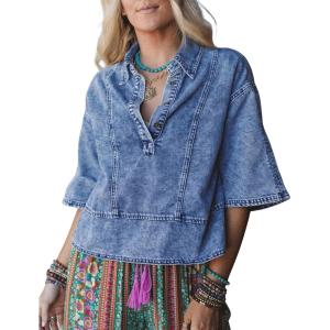 imageOmoone Denim Top for Women Oversized Cropped 34 Sleeve Boho Casual Collared Denim Jean Blouses Shirt Pullover TopsWashblue