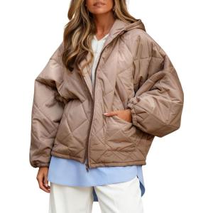 imageOmoone Womens Oversized Puffer Jacket Quilted Long Sleeve Zip Up Winter Jackets Casual Lightweight Padded Outerwear CoatsKhaki