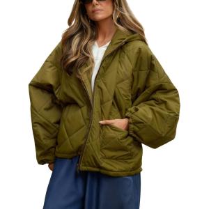 imageOmoone Womens Oversized Puffer Jacket Quilted Long Sleeve Zip Up Winter Jackets Casual Lightweight Padded Outerwear CoatsOlivegreen