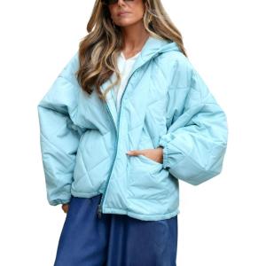 imageOmoone Womens Oversized Puffer Jacket Quilted Long Sleeve Zip Up Winter Jackets Casual Lightweight Padded Outerwear CoatsSkyblue
