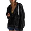 imageOmoone Womens Denim Pullover Jacket Oversized Half Zip Hoodie Jean Top Sweatshirt with PocketsBlack