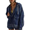 imageOmoone Womens Denim Pullover Jacket Oversized Half Zip Hoodie Jean Top Sweatshirt with PocketsDarkblue