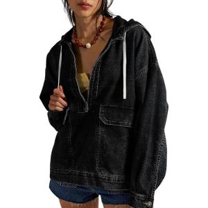 imageOmoone Womens Denim Pullover Jacket Oversized Half Zip Hoodie Jean Top Sweatshirt with PocketsBlack