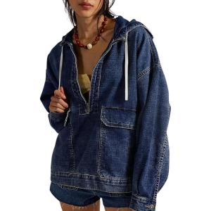 imageOmoone Womens Denim Pullover Jacket Oversized Half Zip Hoodie Jean Top Sweatshirt with PocketsDarkblue