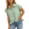 imageOmoone Striped Button Down Shirt Short Sleeve Oversized Ruffled Hem Casual Blouse Lightweight Summer Top with PocketGreen