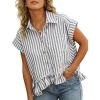 imageOmoone Striped Button Down Shirt Short Sleeve Oversized Ruffled Hem Casual Blouse Lightweight Summer Top with PocketGrey